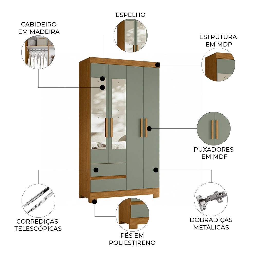 Guarda Roupa Casal 103cm  Espelho Lipion Cinamomo/Sálvia A02 - Mpozenato
