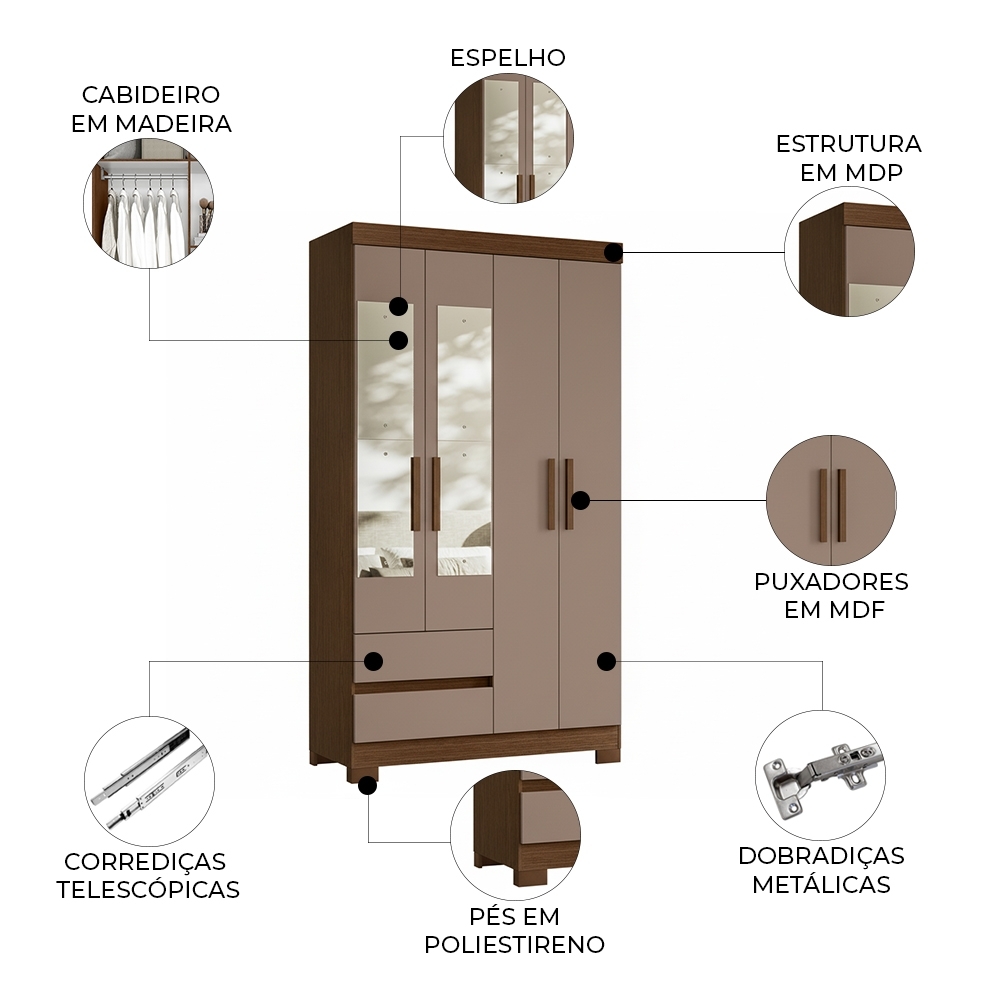 Guarda Roupa Casal 103cm  Espelho Lipion Nogueira/Cappuccino A02 - Mpozenato