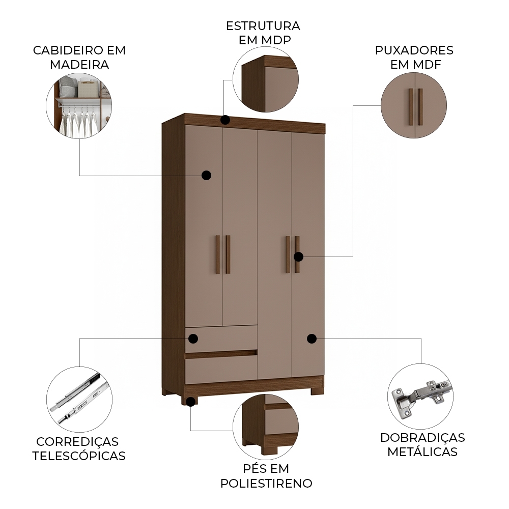 Guarda Roupa Casal 103cm 4 Portas Lipion Nogueira/Cappuccino A02 - Mpozenato