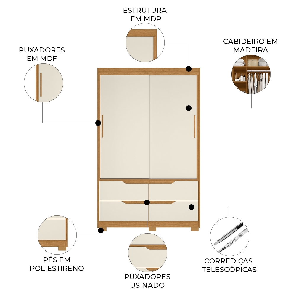 Guarda Roupa Casal 136cm 2 Portas Solare Cinamomo/Off A02 - Mpozenato