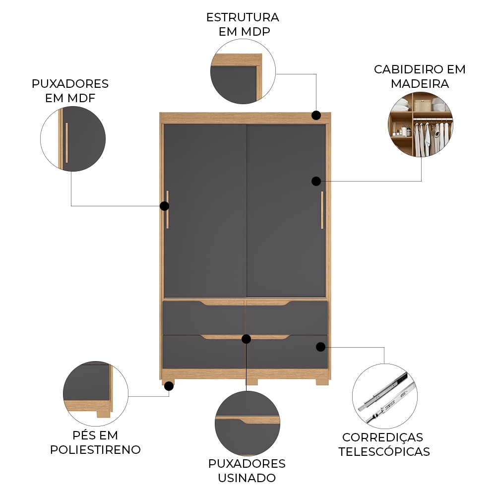 Guarda Roupa Casal 136cm 2 Portas Solare Freijó/Titanium A02 - Mpozenato