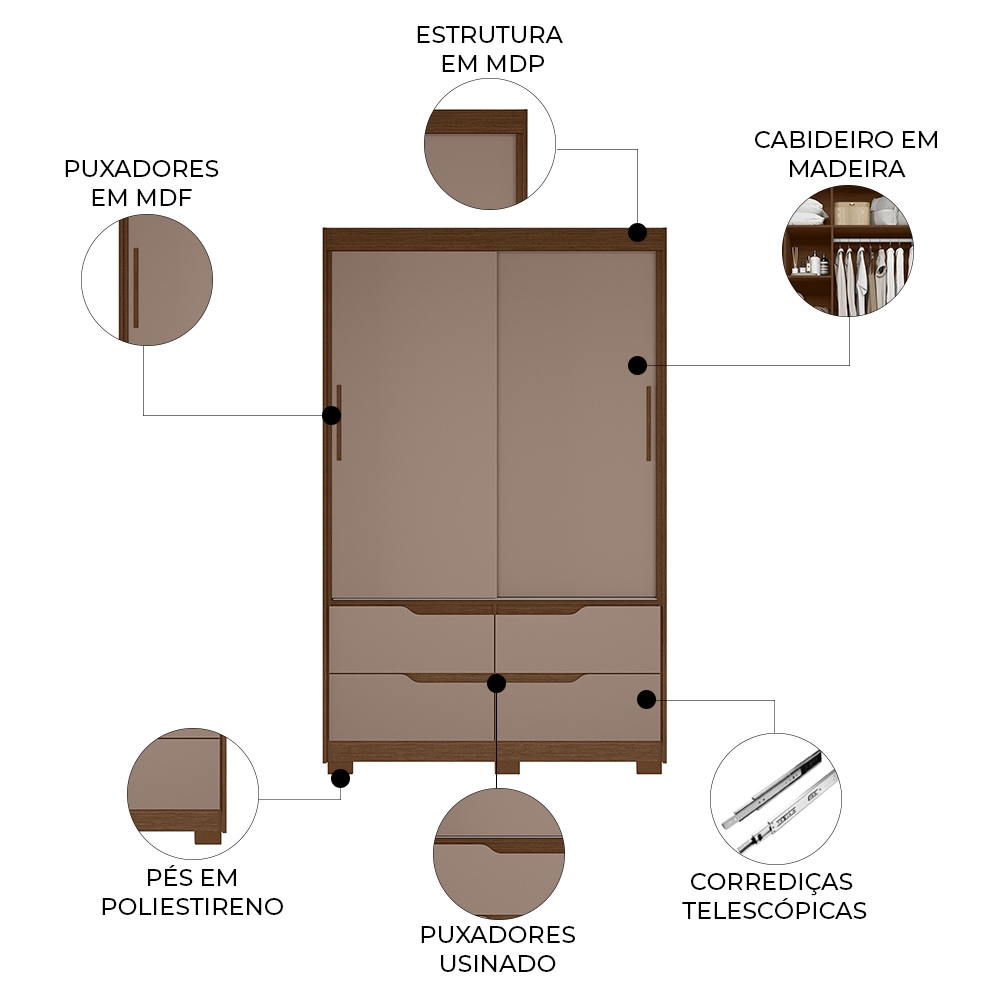 Guarda Roupa Casal 136cm 2 Portas Solare Nogueira/Cappuccino A02 - Mpozenato
