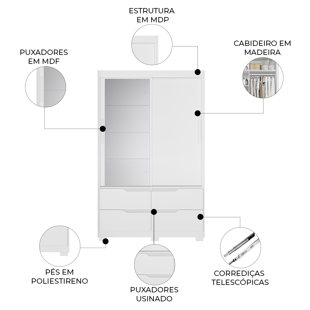 Guarda Roupa Casal 136cm Com Espelho Solare Branco/Freijó A02 - Mpozenato