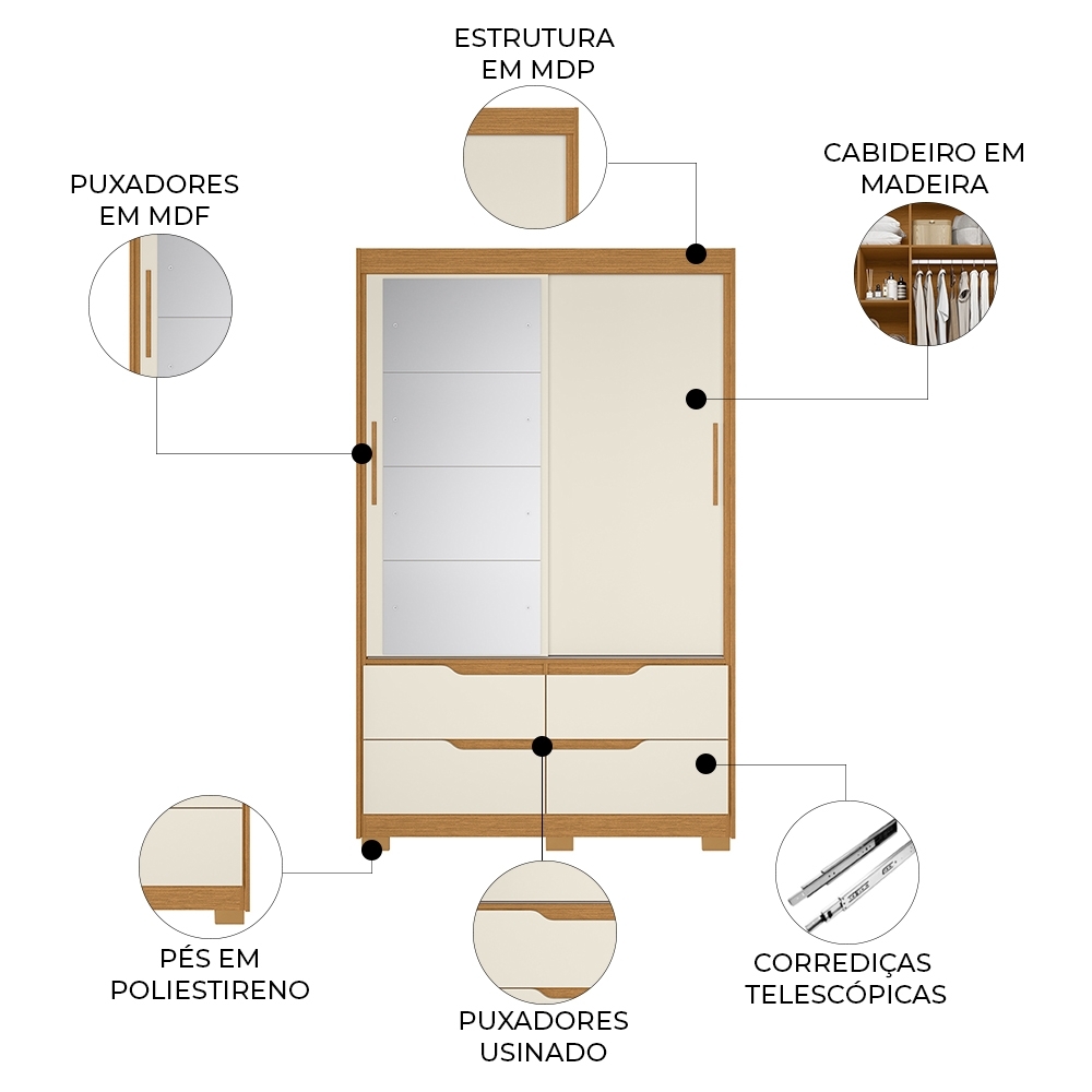 Guarda Roupa Casal 136cm Com Espelho Solare Cinamomo/Off A02 - Mpozenato