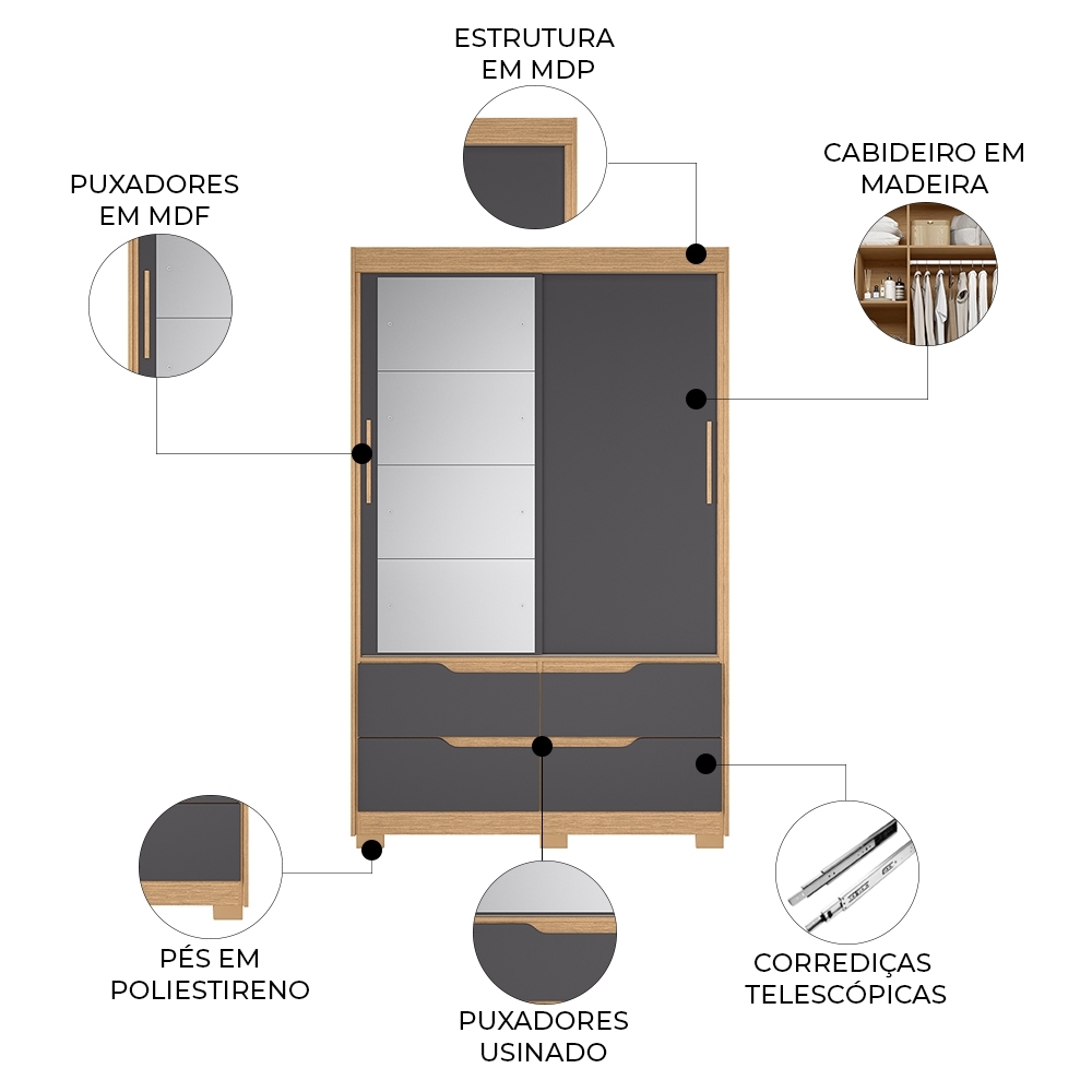 Guarda Roupa Casal 136cm Com Espelho Solare Freijó/Titanium A02 - Mpozenato