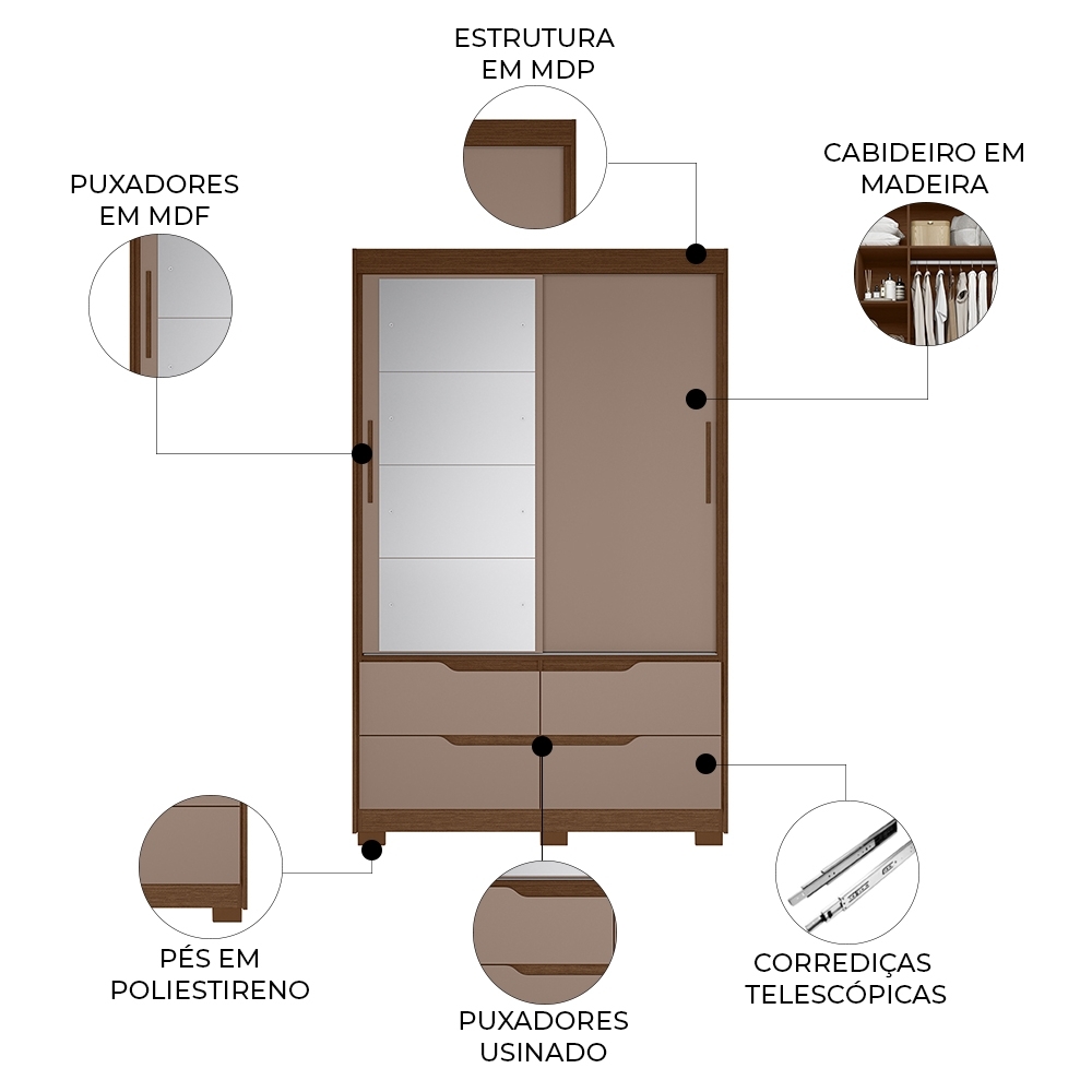 Guarda Roupa Casal 136cm Com Espelho Solare Nogueira/Cappuccino A02 - Mpozenato