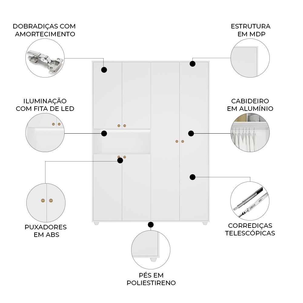 Guarda Roupa Casal 150cm 6 Portas Vittara Branco A02 - Mpozenato