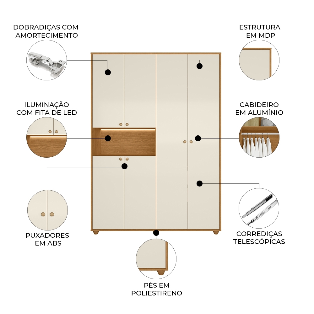 Guarda Roupa Casal 150cm 6 Portas Vittara Cinamomo/Off A02 - Mpozenato