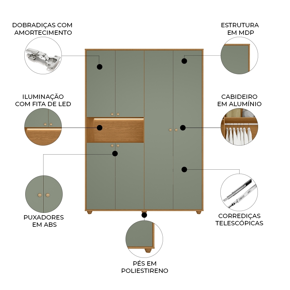 Guarda Roupa Casal 150cm 6 Portas Vittara Cinamomo/Sálvia A02 - Mpozenato