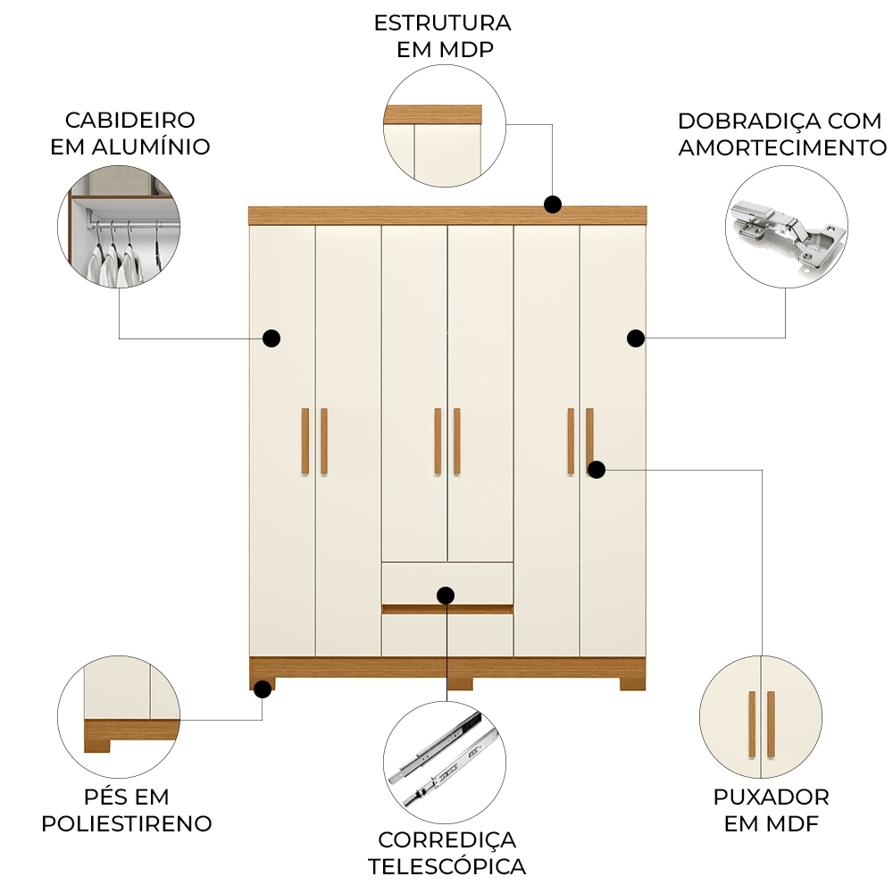 Guarda Roupa Casal 154cm 6 Portas Lipion Cinamomo/Off A02 - Mpozenato
