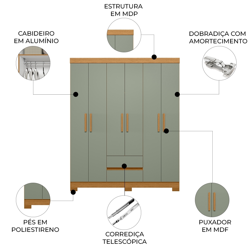 Guarda Roupa Casal 154cm 6 Portas Lipion Cinamomo/Sálvia A02 - Mpozenato