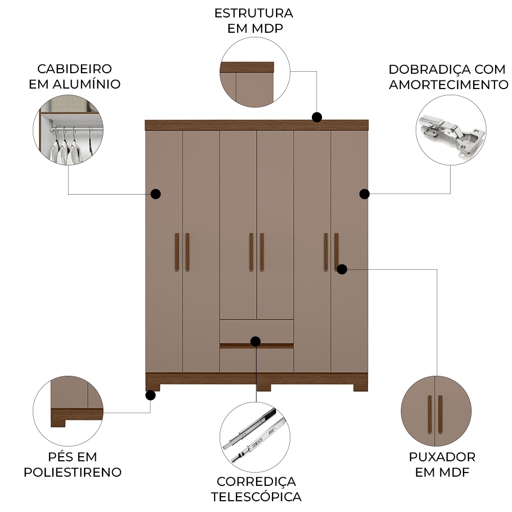 Guarda Roupa Casal 154cm 6 Portas Lipion Nogueira/Cappuccino A02 - Mpozenato