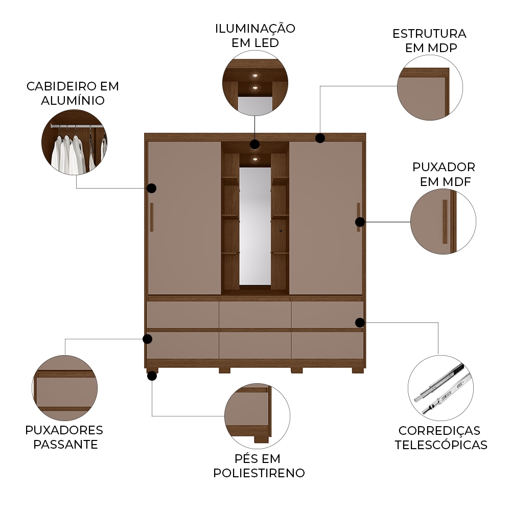 Guarda Roupa Casal 193cm 2 Portas Selene Nogueira/Cappuccino A02 - Mpozenato