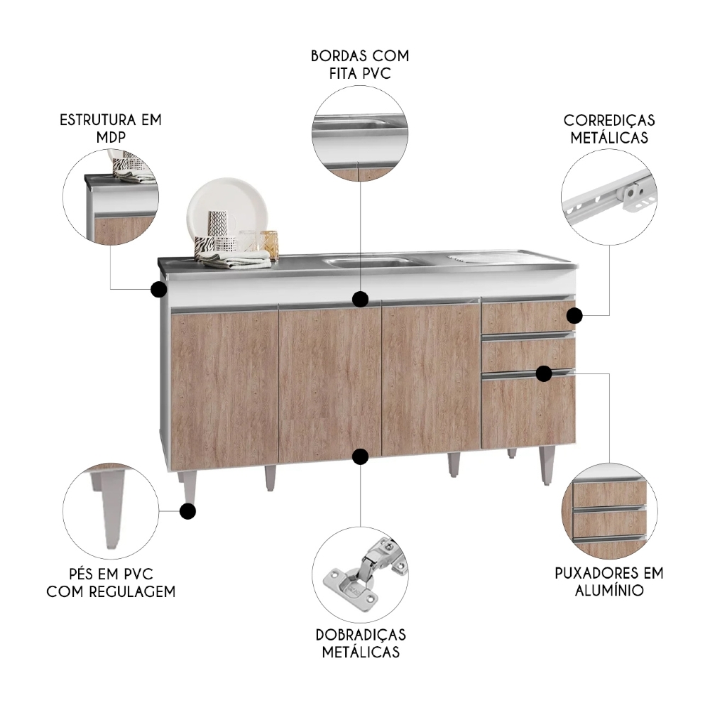 Balcão Gabinete com Pia Inox 150cm 4 Portas 2 Gavetas Marrocos Branco/Castanho - Lumil