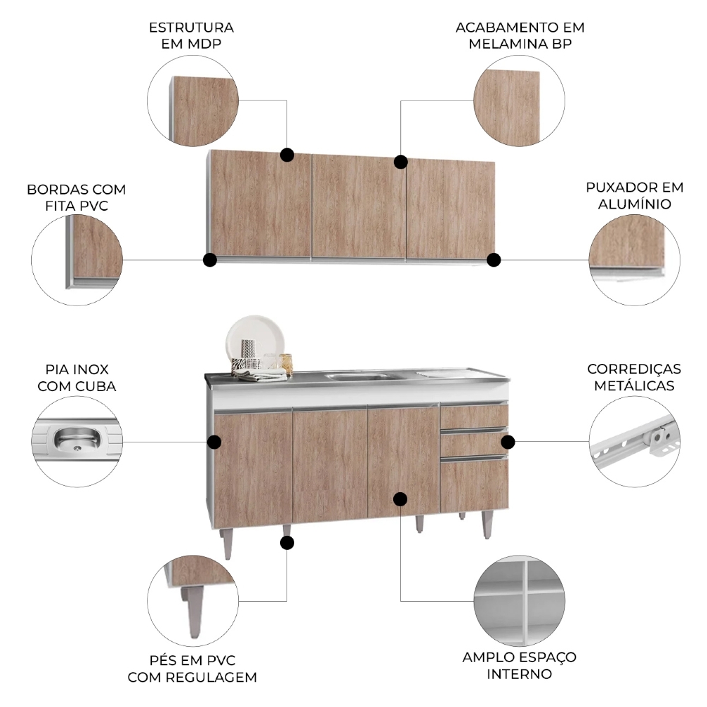 Armário Aéreo Argélia e Balcão Gabinete com Pia Inox Marrocos 150cm Branco/Castanho - Lumil Móveis