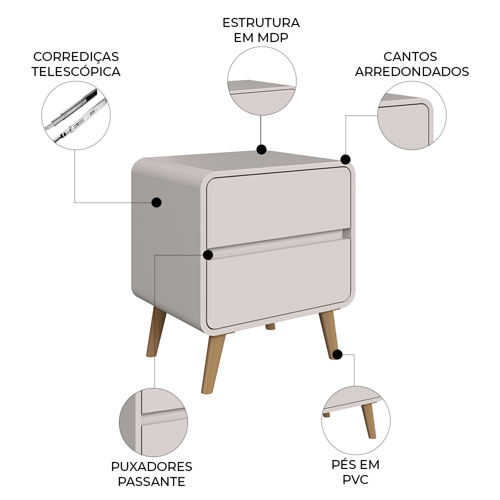 Mesa Cabeceira Quarto 47cm 2 Gavetas Nuvia Bege C06 - Mpozenato