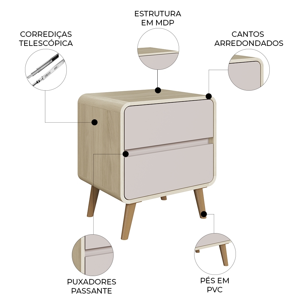 Mesa Cabeceira Quarto 47cm 2 Gavetas Nuvia Carvalho/Bege C06 - Mpozenato