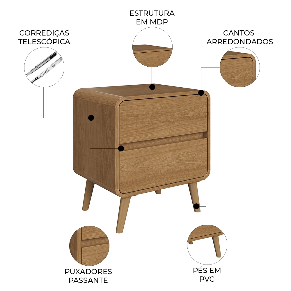 Mesa Cabeceira Quarto 47cm 2 Gavetas Nuvia Castanho C06 - Mpozenato