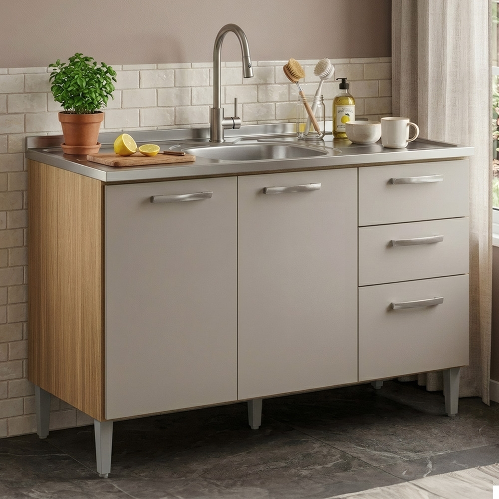 Balcão de Cozinha com Pia Inox 120cm 3 Portas 2 Gavetas Livy Z46 Damasco/Off White - Mpozenato