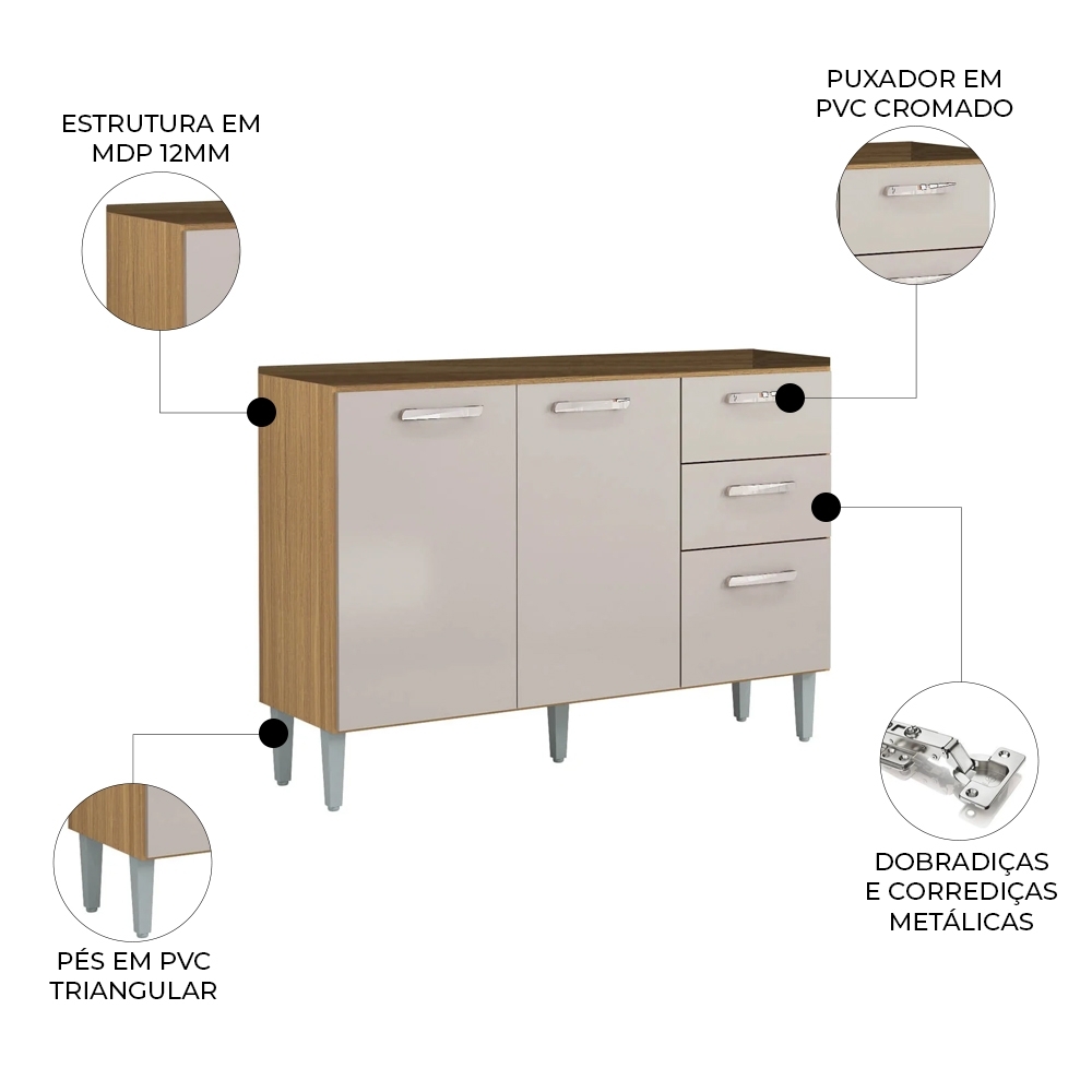 Balcão de Cozinha com Pia Inox 120cm 3 Portas 2 Gavetas Livy Z46 Damasco/Off White - Mpozenato