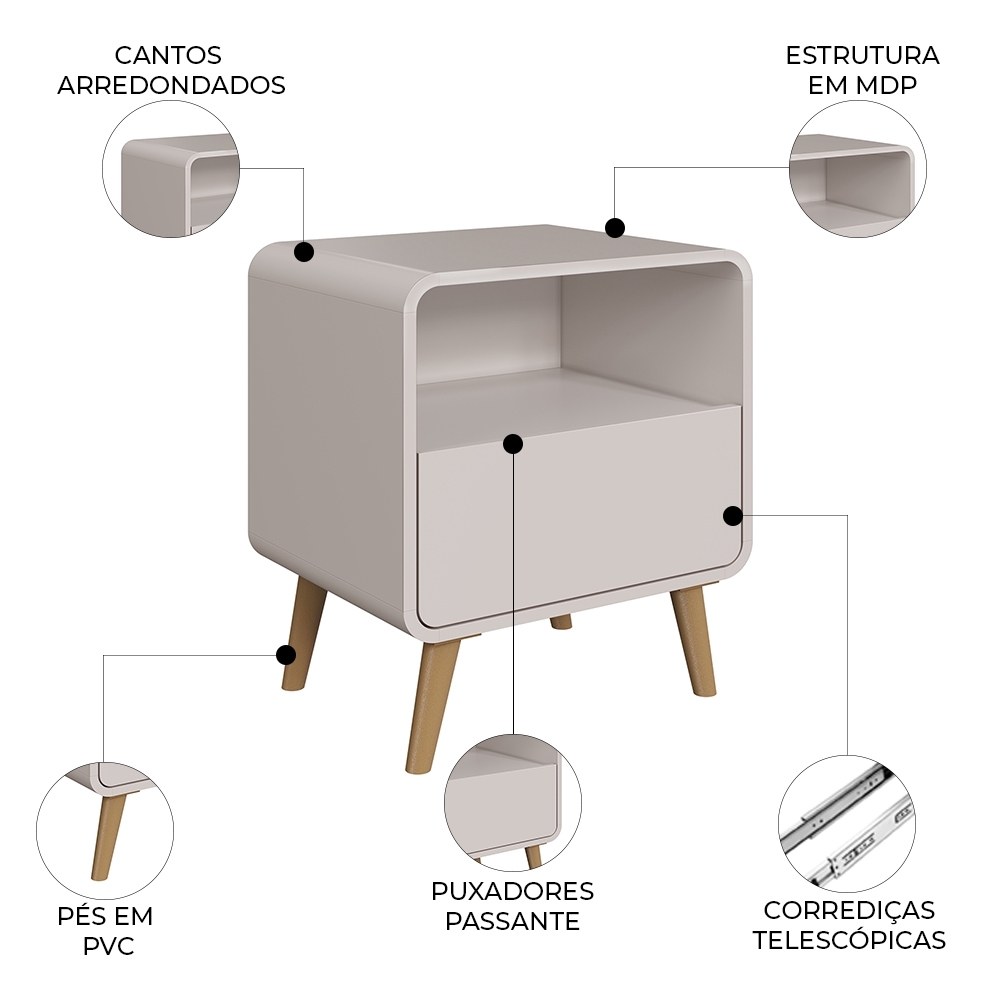 Mesa Cabeceira Quarto 47cm 1 Gaveta Nuvia Bege C06 - Mpozenato