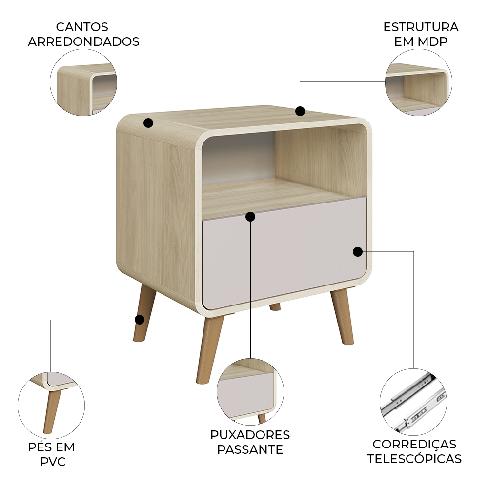 Mesa Cabeceira Quarto 47cm 1 Gaveta Nuvia Carvalho/Bege C06 - Mpozenato