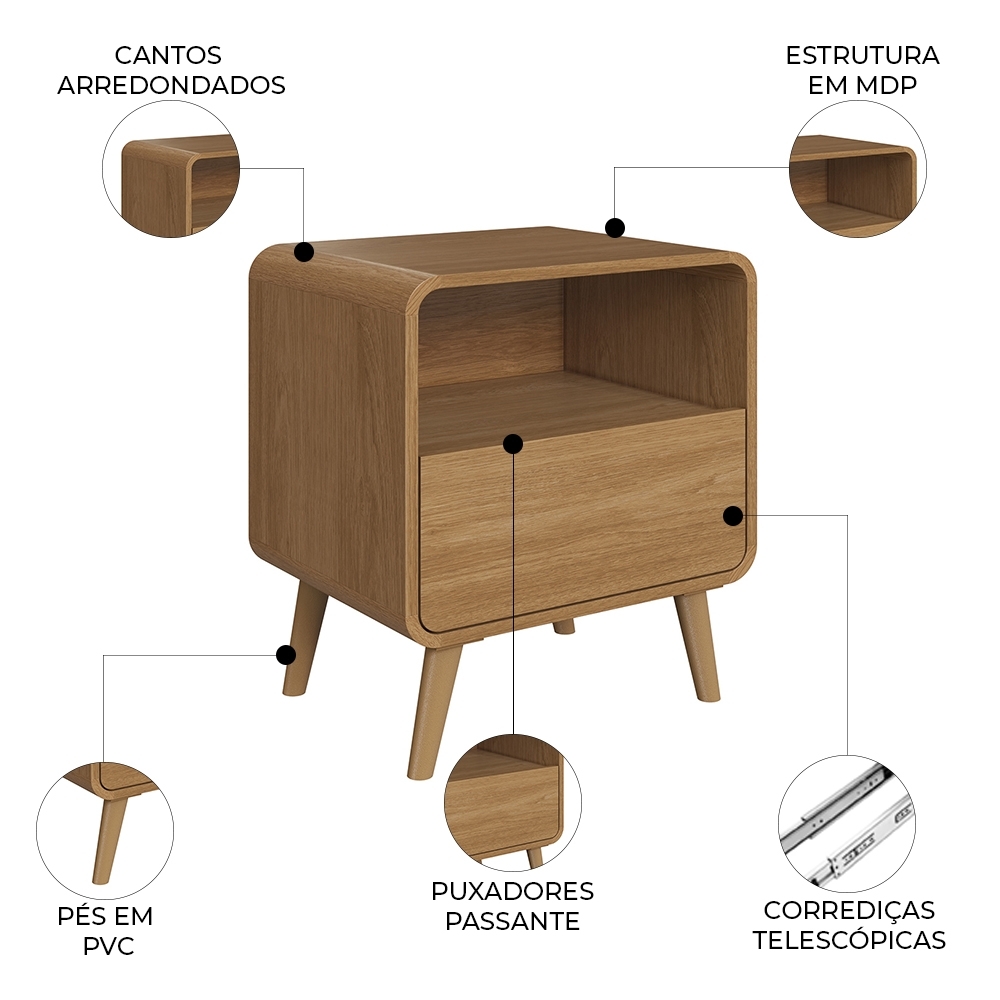 Mesa Cabeceira Quarto 47cm 1 Gaveta Nuvia Castanho C06 - Mpozenato