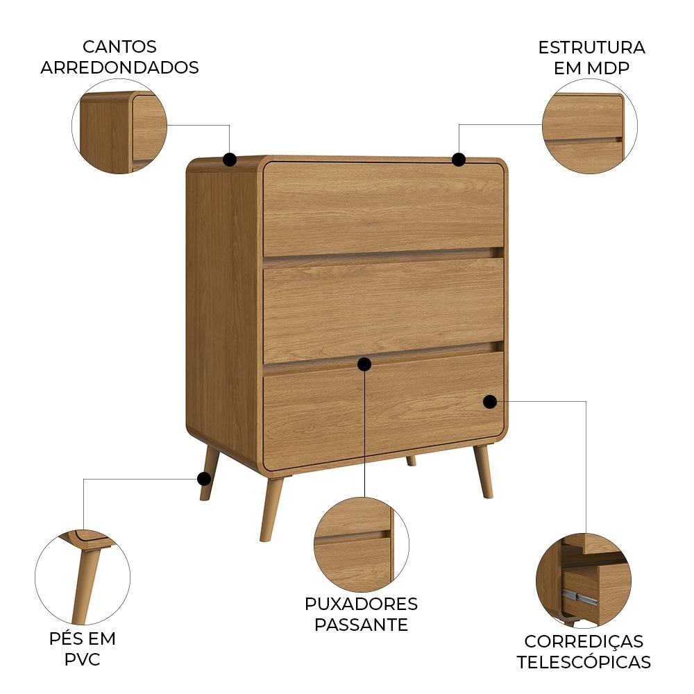 Cômoda Quarto 77cm 3 Gavetas Pés Palito Nuvia Castanho C06 - Mpozenato