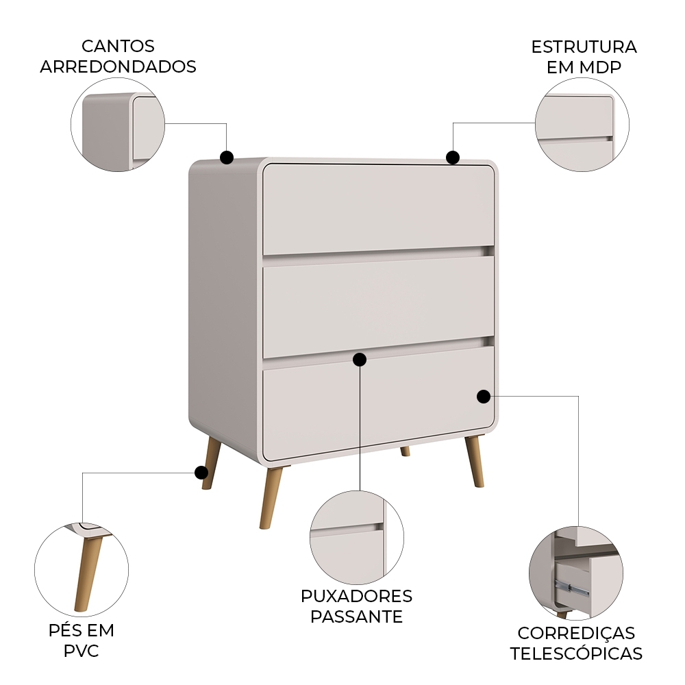 Cômoda Quarto 77cm 3 Gavetas Pés Palito Nuvia Bege C06 - Mpozenato