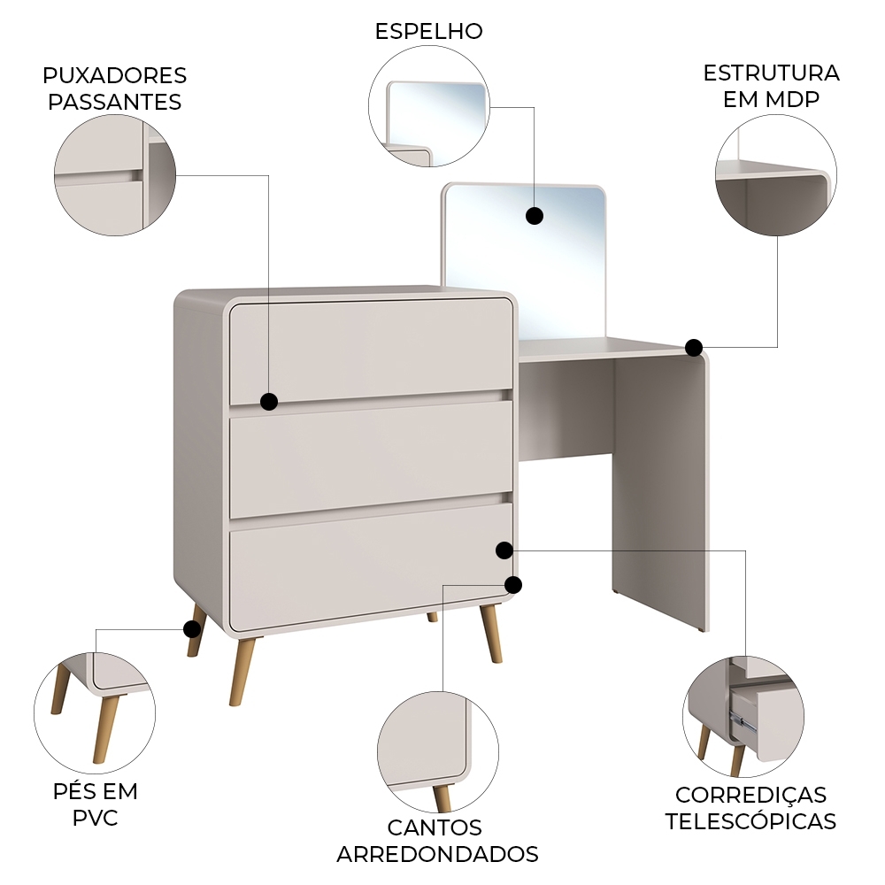 Cômoda Quarto 135cm Com Penteadeira Nuvia Bege C06 - Mpozenato