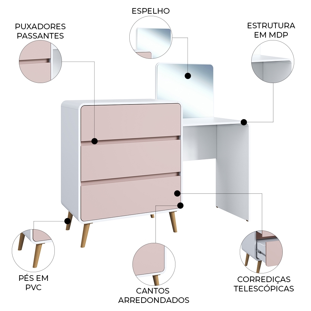 Cômoda Quarto 135cm Com Penteadeira Nuvia Branco/Rosa C06 - Mpozenato