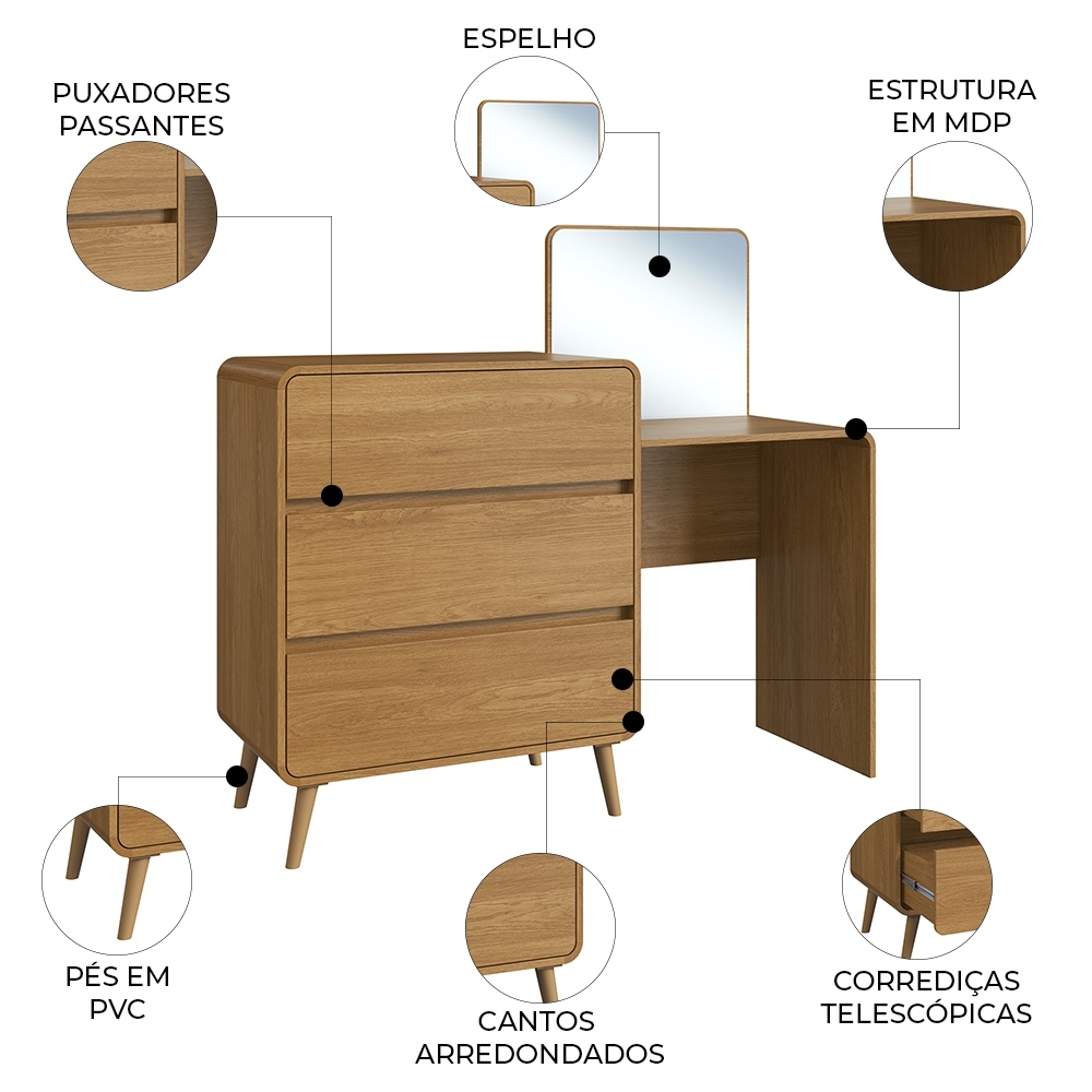 Cômoda Quarto 135cm Com Penteadeira Nuvia Castanho C06 - Mpozenato