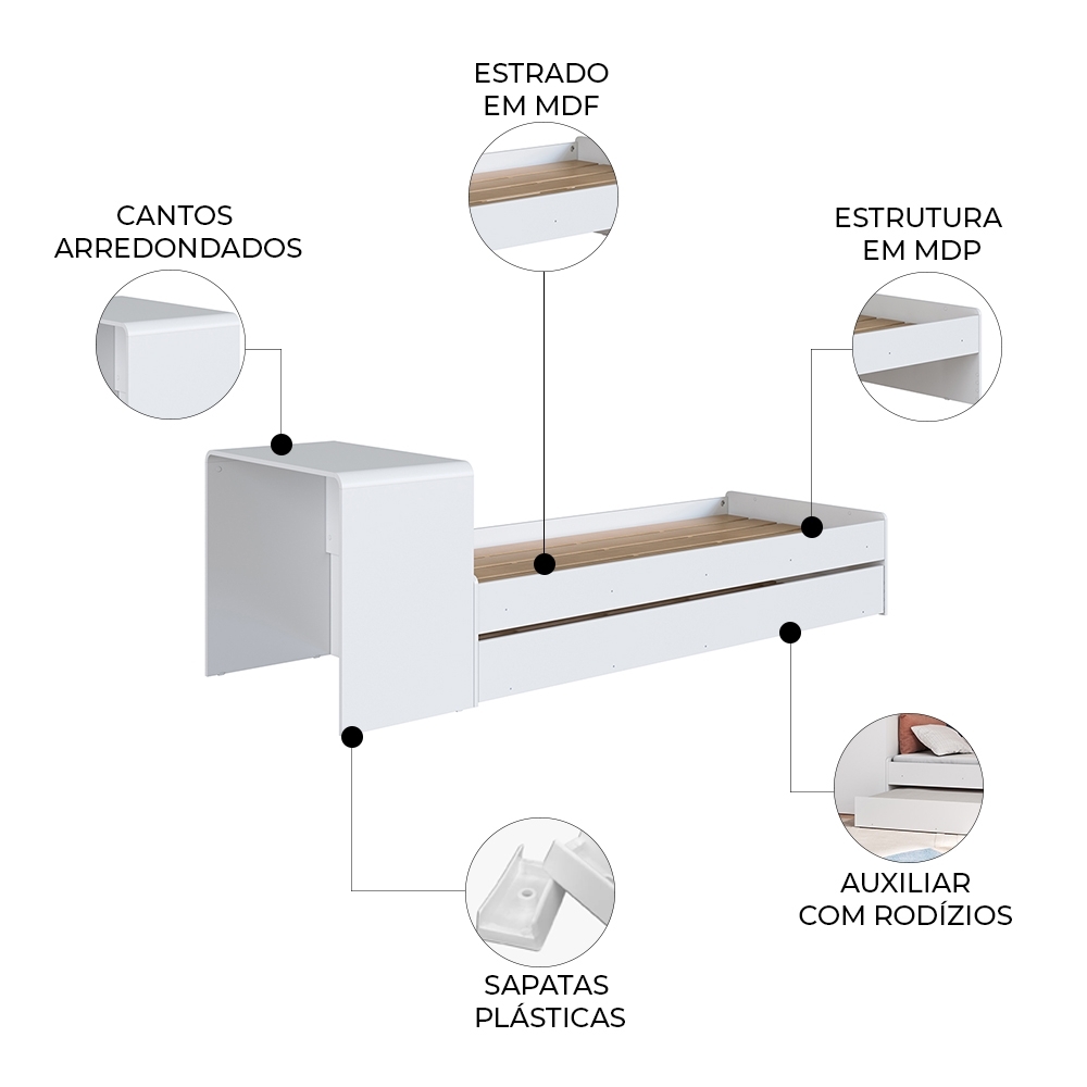 Cama Solteiro Infantil com Auxiliar 188x78cm Escrivaninha Infix Branco C06 - Mpozenato