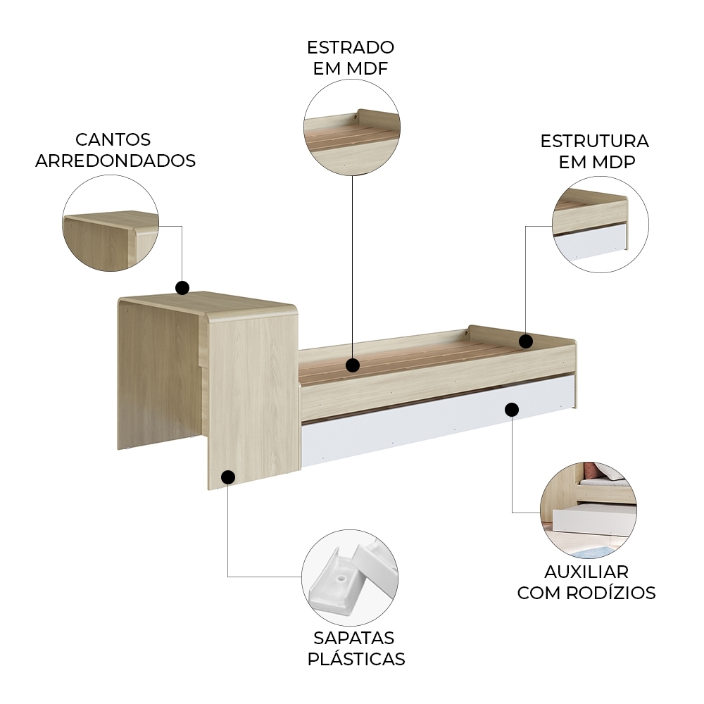 Cama Solteiro Infantil com Auxiliar 188x78cm Escrivaninha Infix Carvalho/Branco C06 - Mpozenato