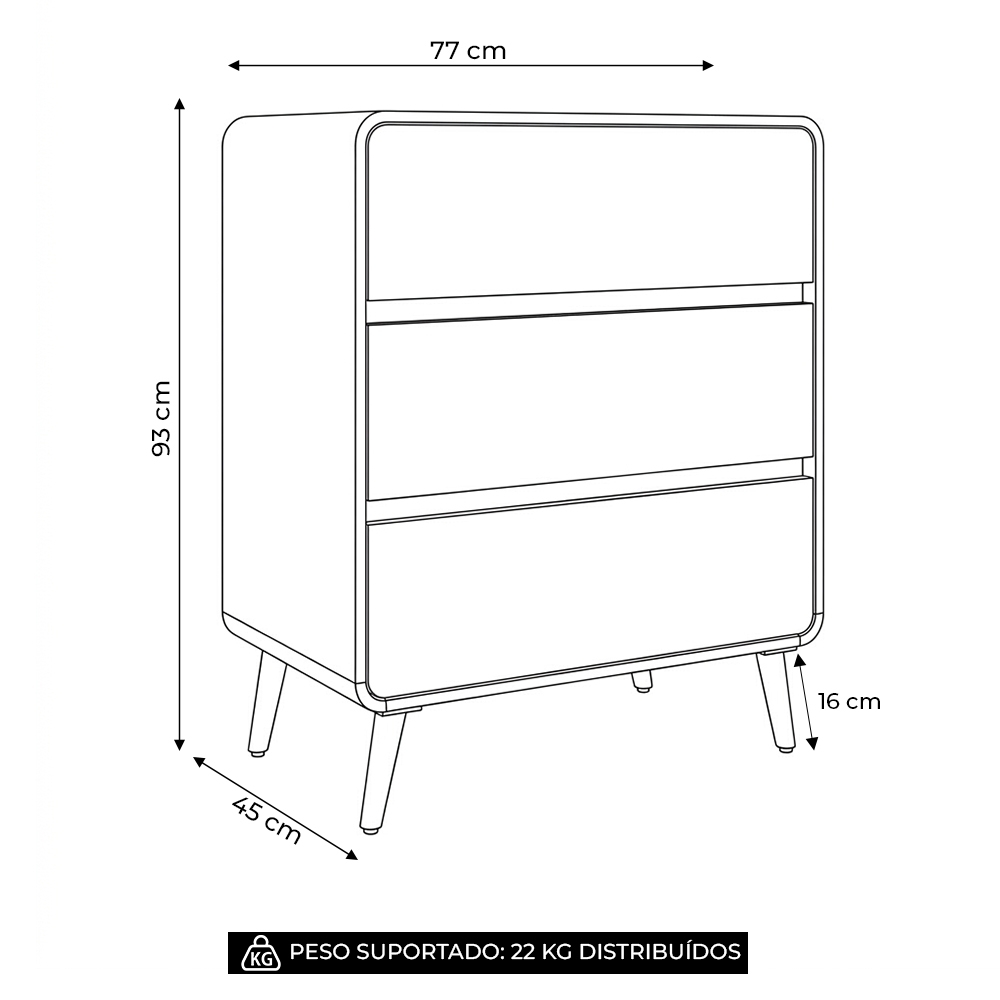 Cômoda Quarto 77cm 3 Gavetas Pés Palito Nuvia Castanho C06 - Mpozenato