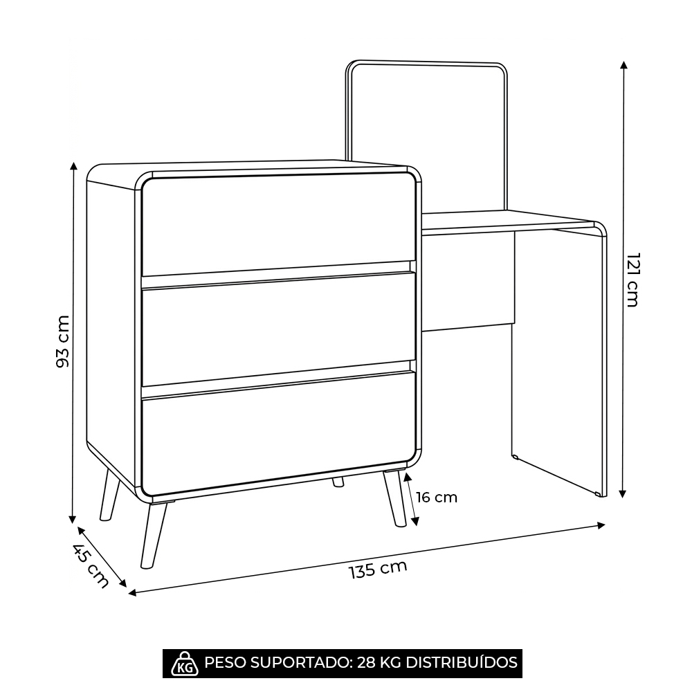 Cômoda Quarto 135cm Com Penteadeira Nuvia Branco/Rosa C06 - Mpozenato