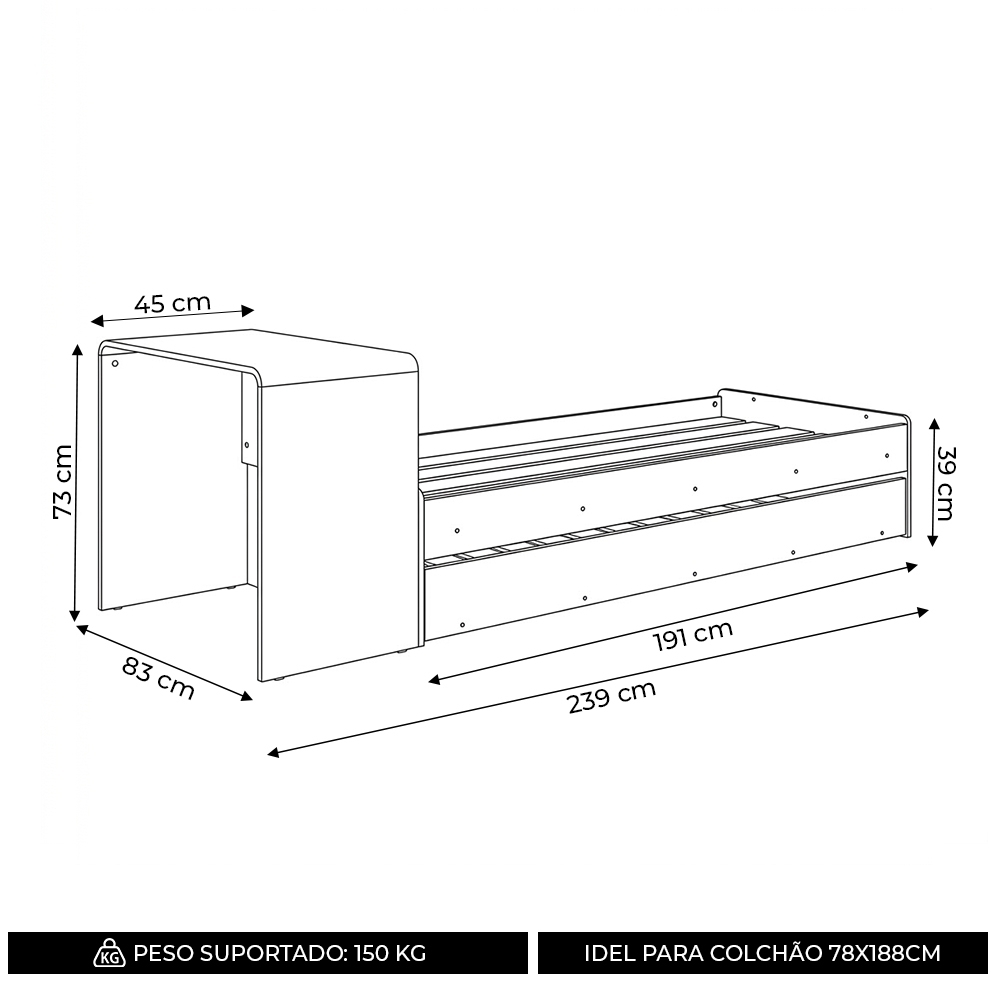Cama Solteiro Infantil com Auxiliar 188x78cm Escrivaninha Infix Branco C06 - Mpozenato