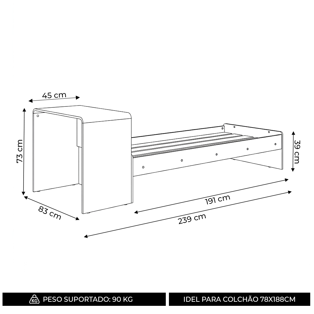 Cama Solteiro Infantil 188x88cm Escrivaninha Infix Carvalho C06 - Mpozenato