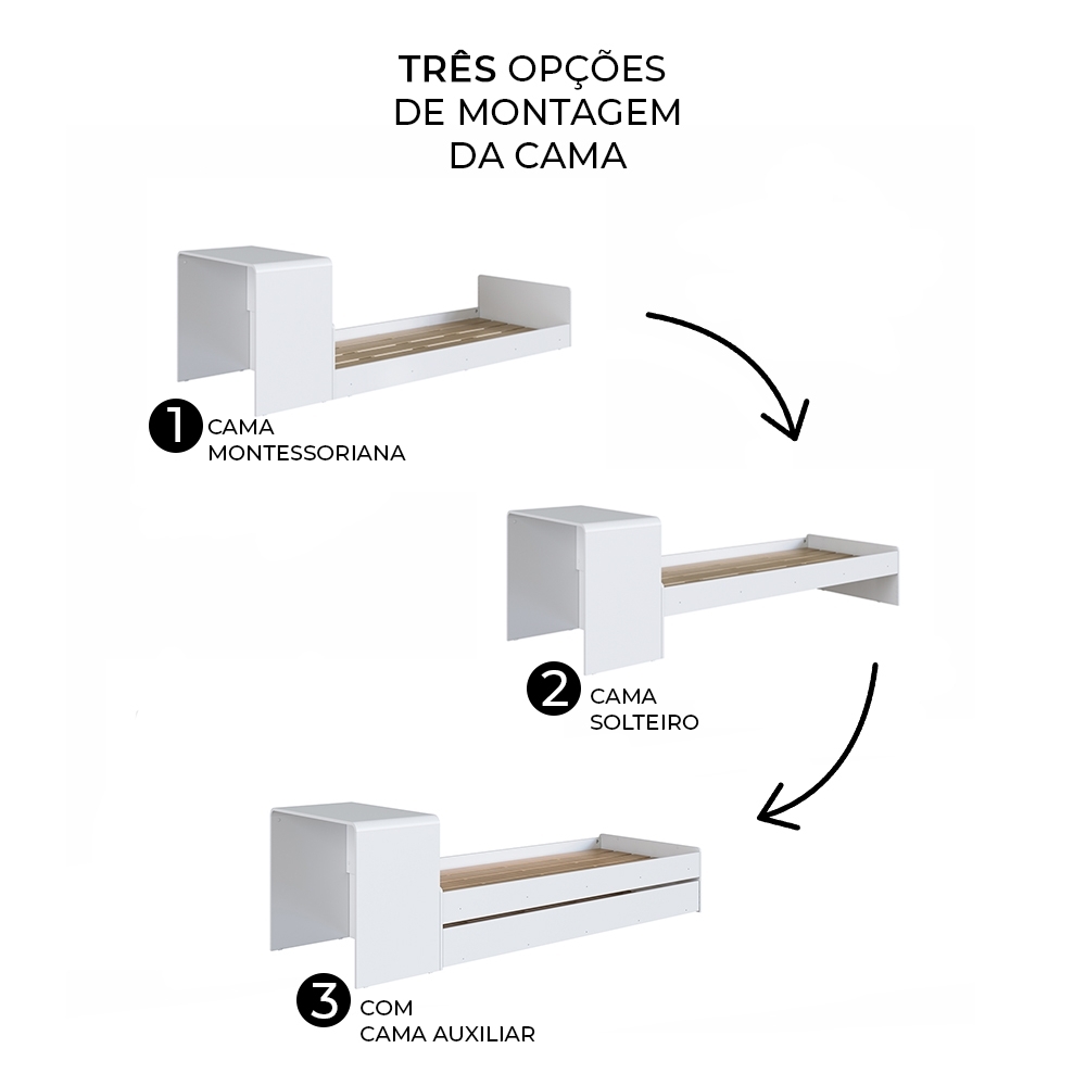 Cama Solteiro Infantil com Auxiliar 188x78cm Escrivaninha Infix Branco C06 - Mpozenato