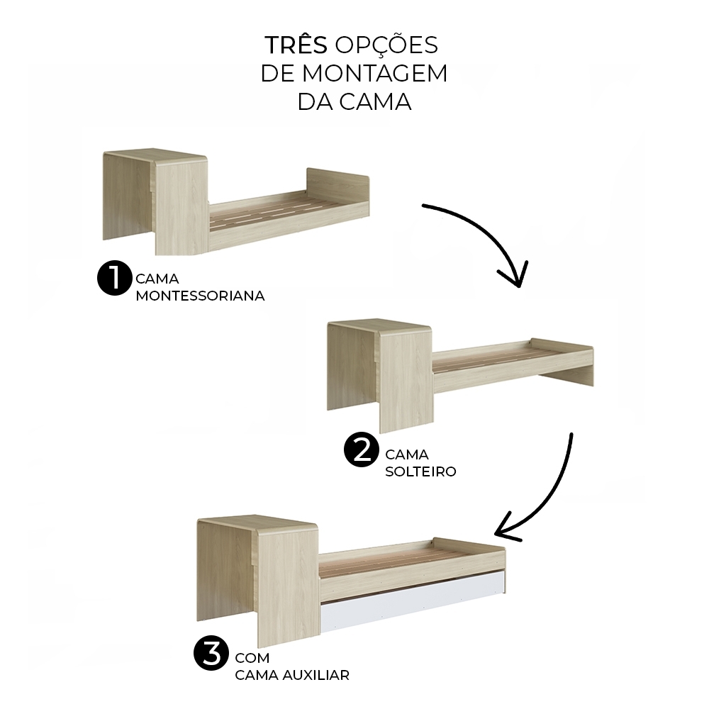 Cama Solteiro Infantil com Auxiliar 188x78cm Escrivaninha Infix Carvalho/Branco C06 - Mpozenato