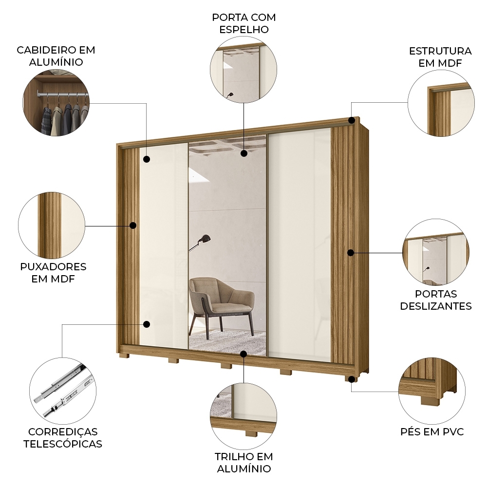 Guarda Roupa Casal 260cm 3 Portas Nevali Freijó/Off Z17 - Mpozenato
