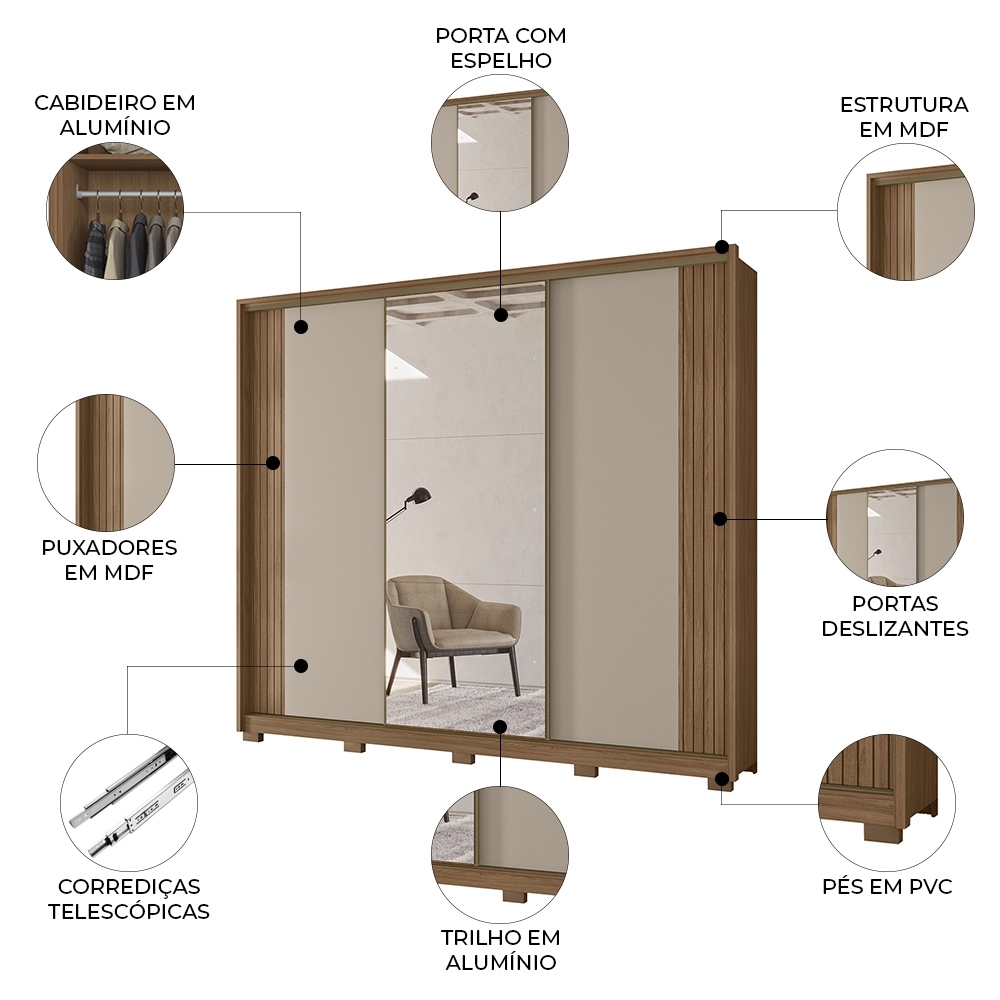 Guarda Roupa Casal 260cm 3 Portas Nevali Carvalho/Fendi Z17 - Mpozenato