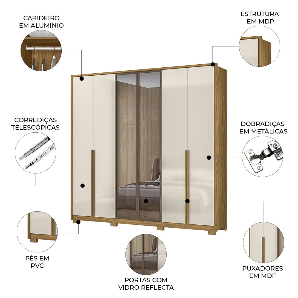 Guarda Roupa Casal 240cm 6 Portas Saara Freijó/Off Z17 - Mpozenato