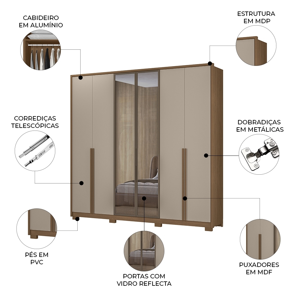 Guarda Roupa Casal 240cm 6 Portas Saara Carvalho/Fendi Z17 - Mpozenato