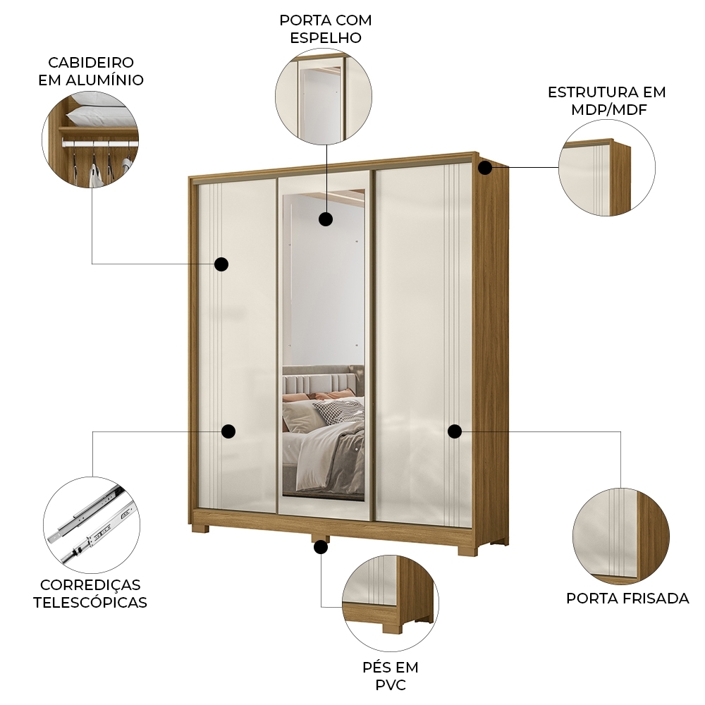 Guarda Roupa Casal 195cm 3 Portas Darlan Freijó/Off Z17 - Mpozenato