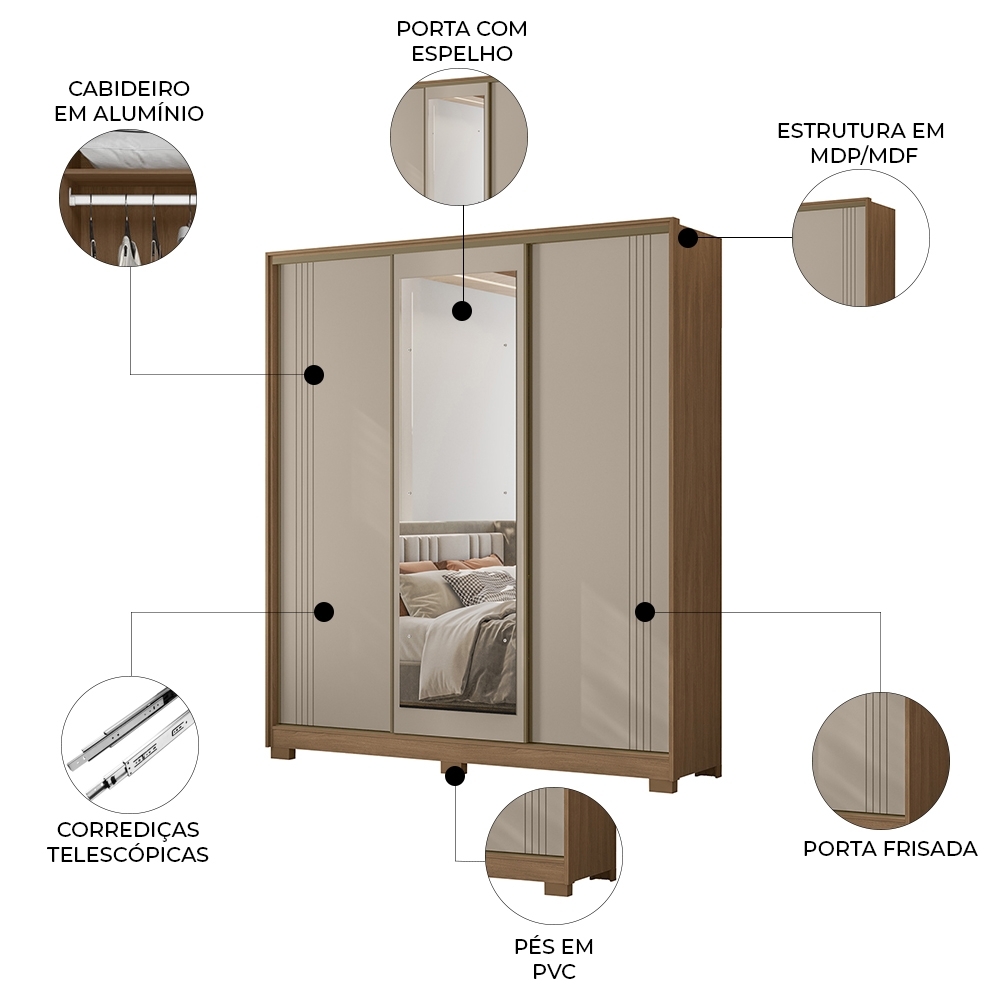 Guarda Roupa Casal 195cm 3 Portas Darlan Carvalho/Fendi Z17 - Mpozenato