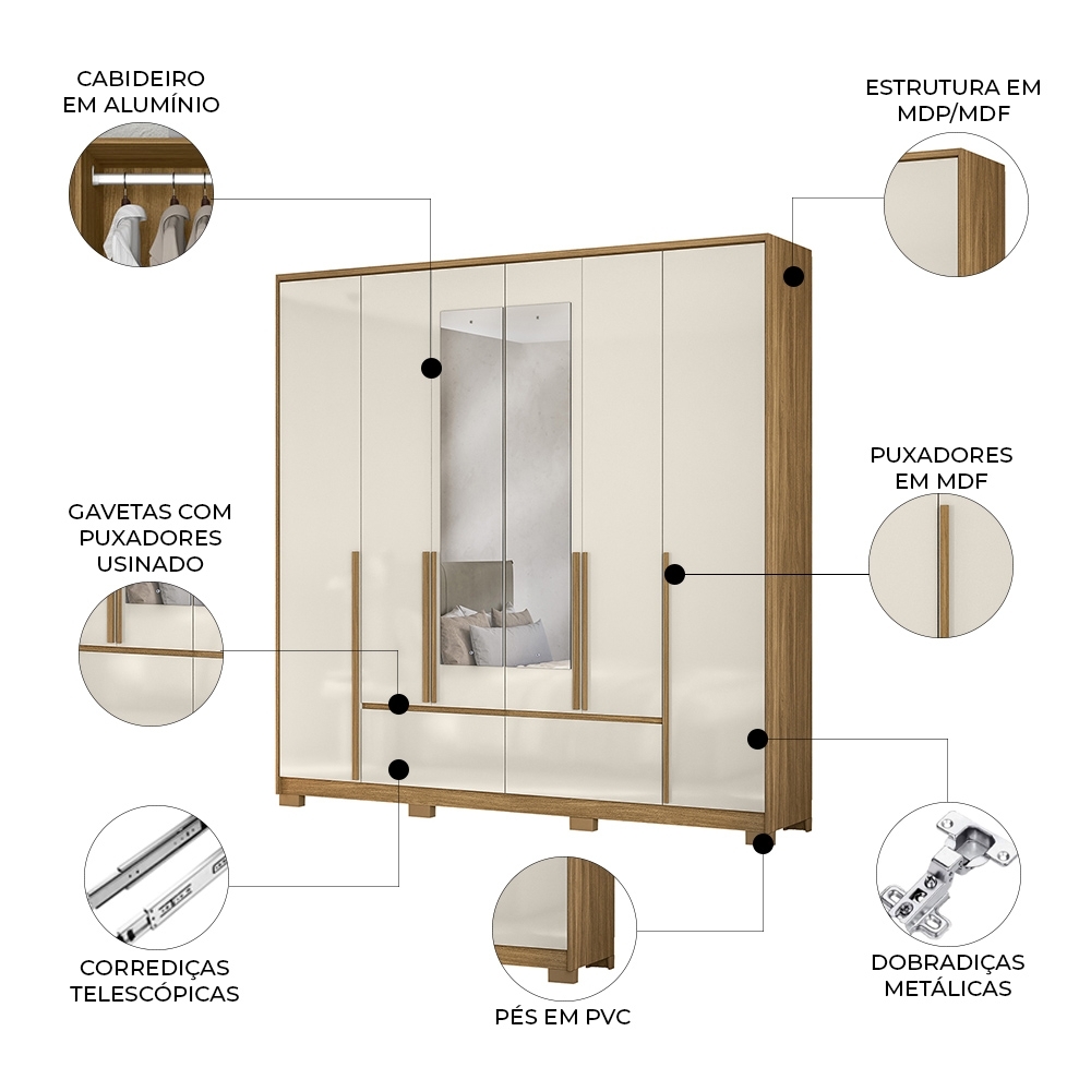 Guarda Roupa Casal 217cm com Espelho Denali Freijó/Off Z17 - Mpozenato