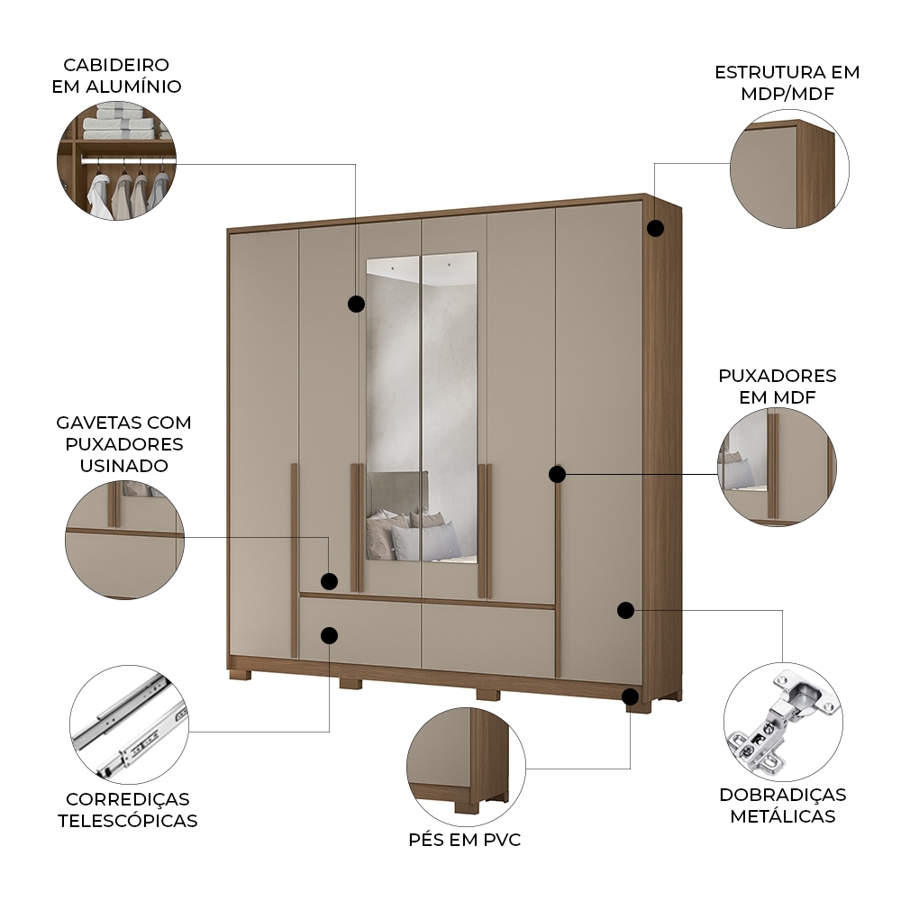 Guarda Roupa Casal 217cm com Espelho Denali Carvalho/Fendi Z17 - Mpozenato
