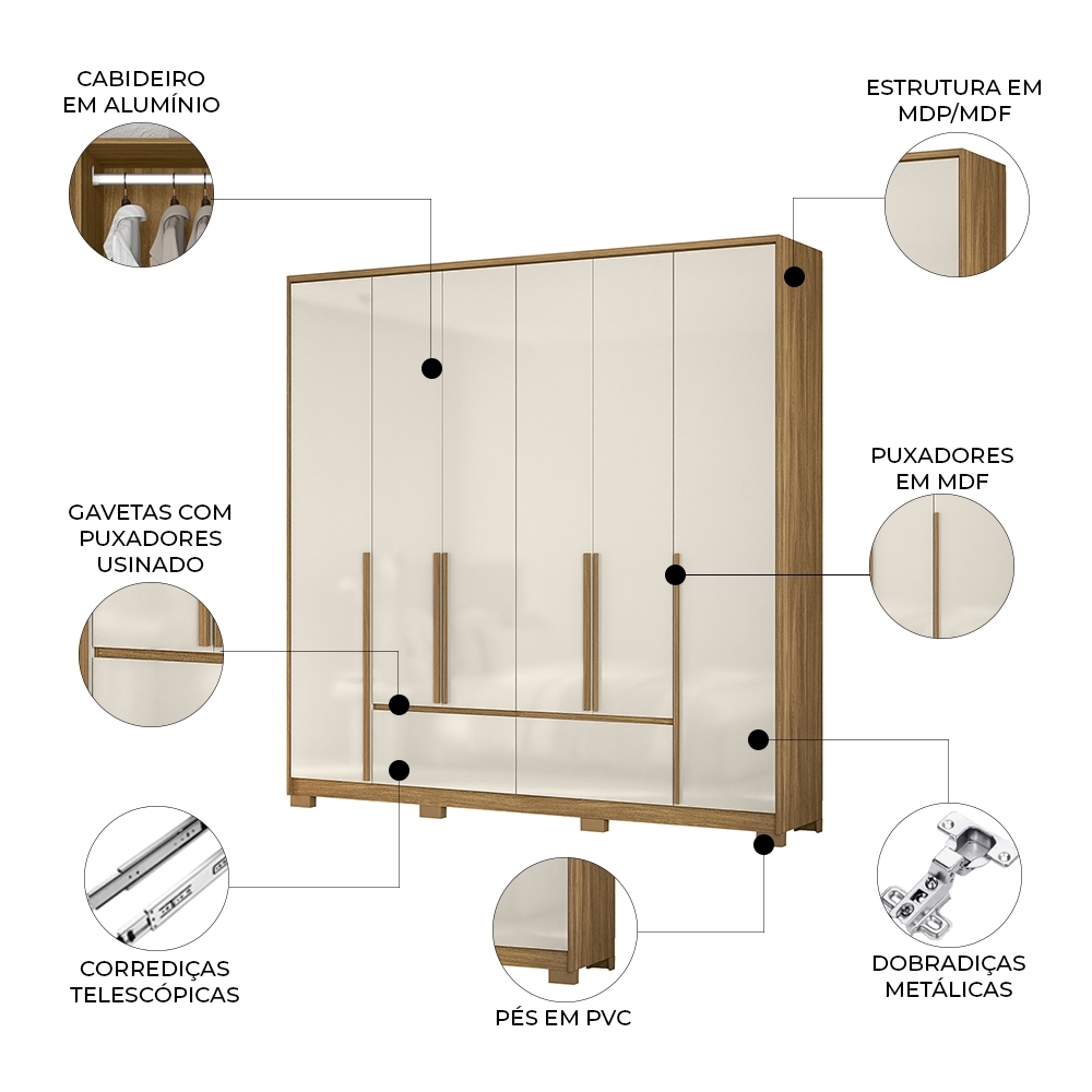 Guarda Roupa Casal 217cm 6 Portas Denali Freijó/Off Z17 - Mpozenato
