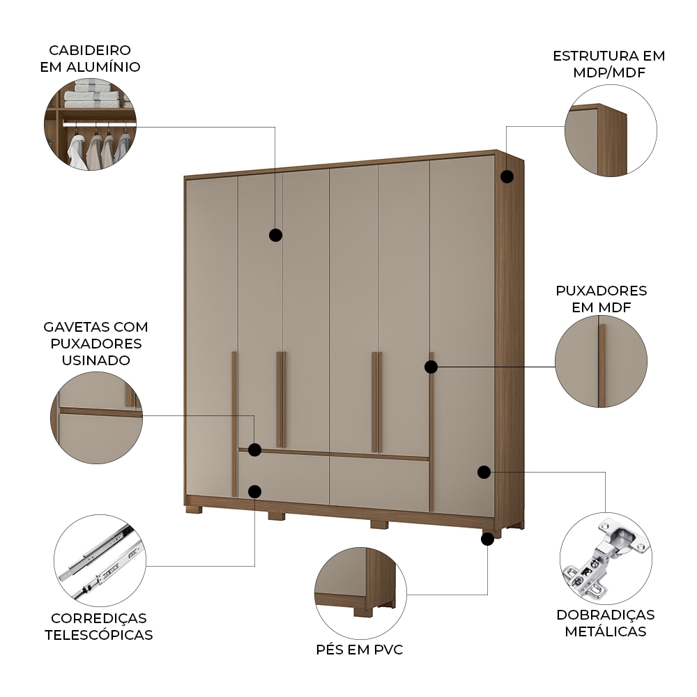 Guarda Roupa Casal 217cm 6 Portas Denali Carvalho/Fendi Z17 - Mpozenato